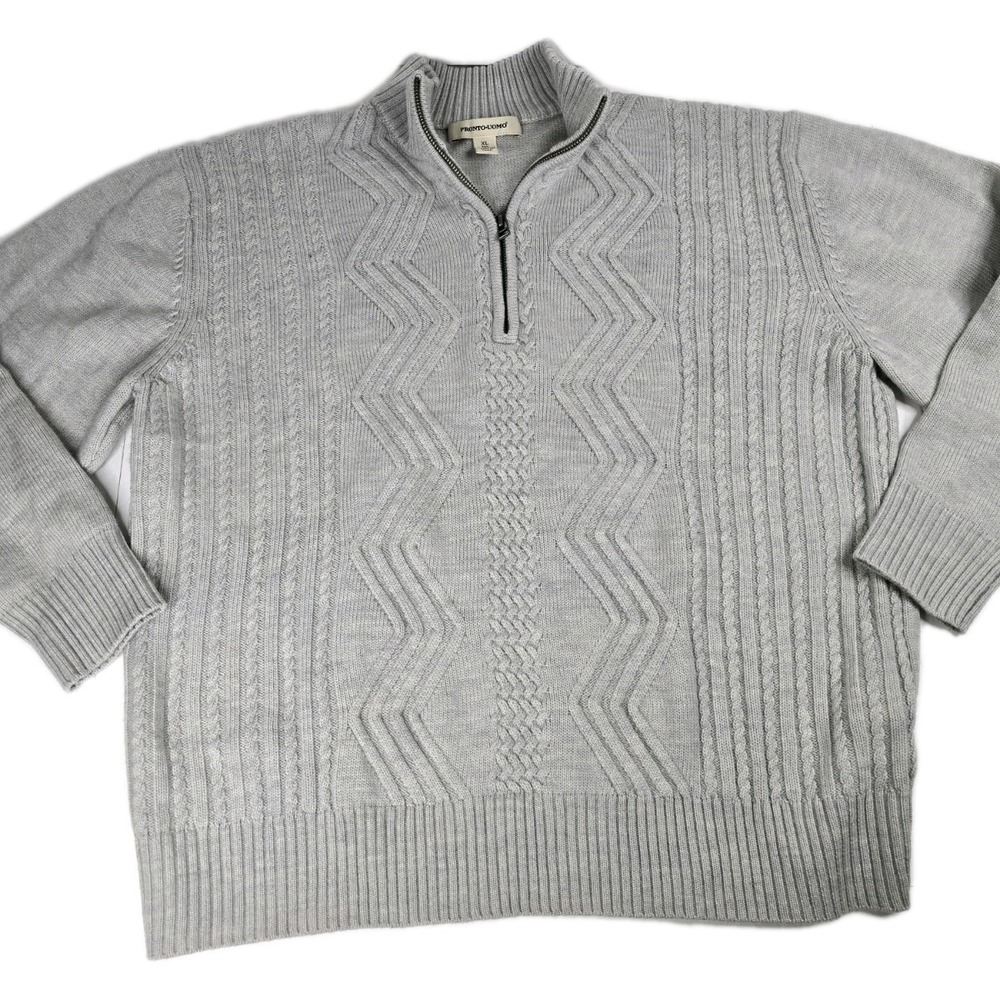 Pronto-Uomo Men XL Sweater Cardigan Zip-Up Gray Cable Knit Wool Merino Fisherman